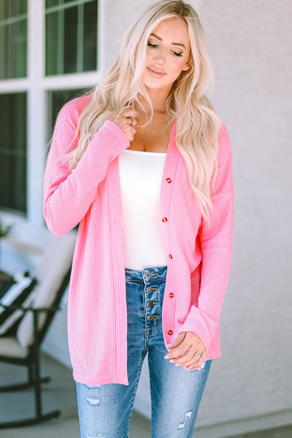 Pink Waffle Knit Dropped Shoulder Cardigan-yoyobikini
