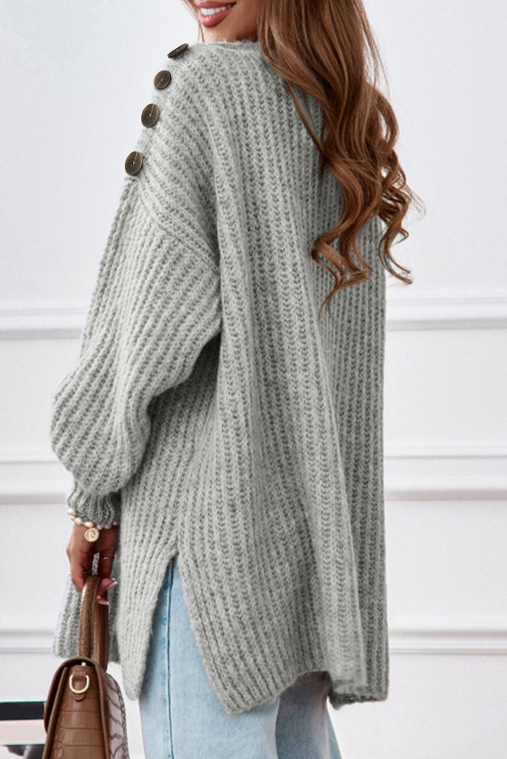 Gray Buttoned Drop Shoulder Oversized Sweater-yoyobikini