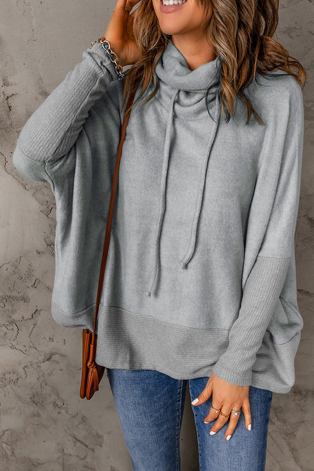 Gray Cowl Neck Contrast Dolman Sleeve Terry Pullover Top-yoyobikini