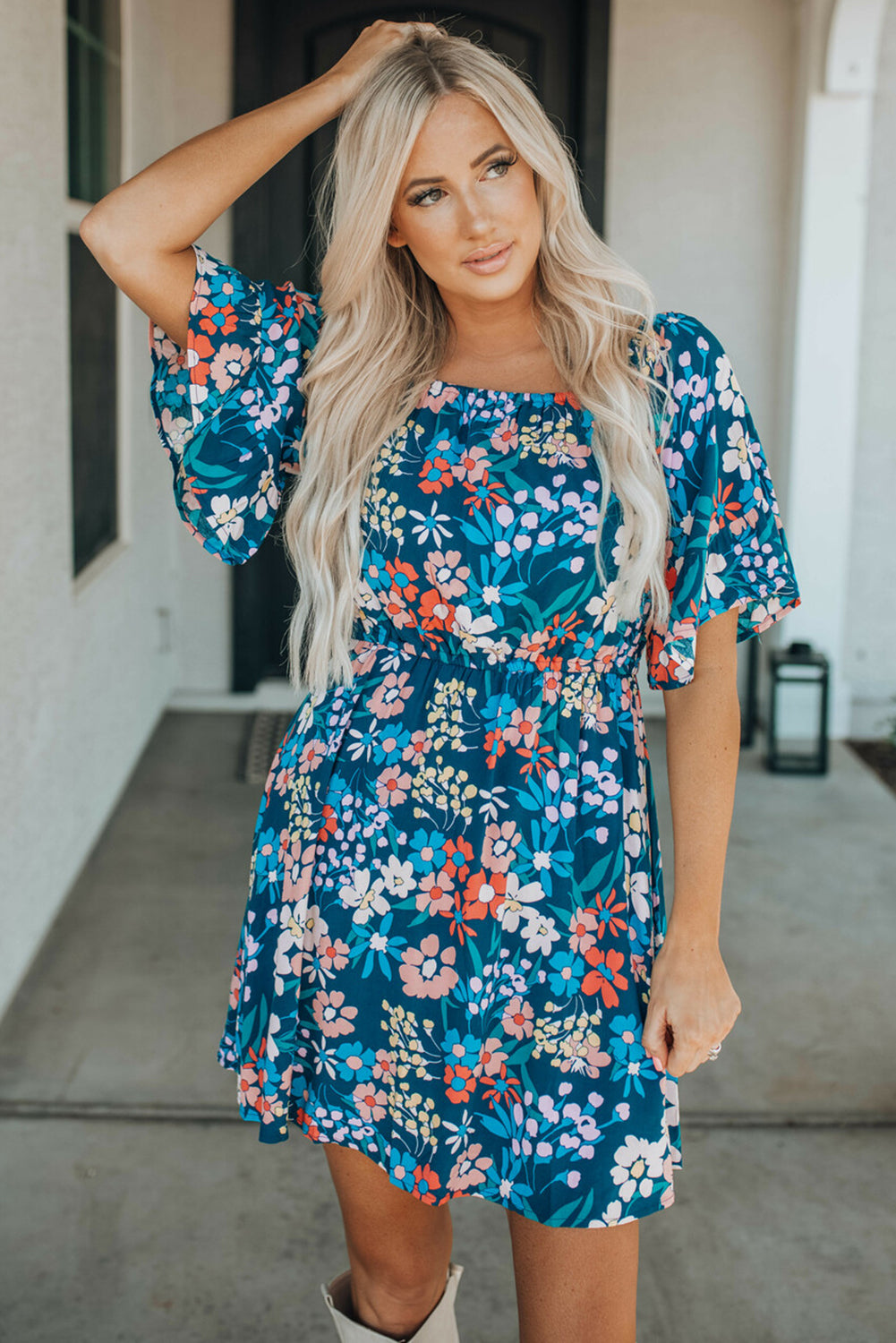 Blue Square Neck Ruffle Floral Dress-yoyobikini