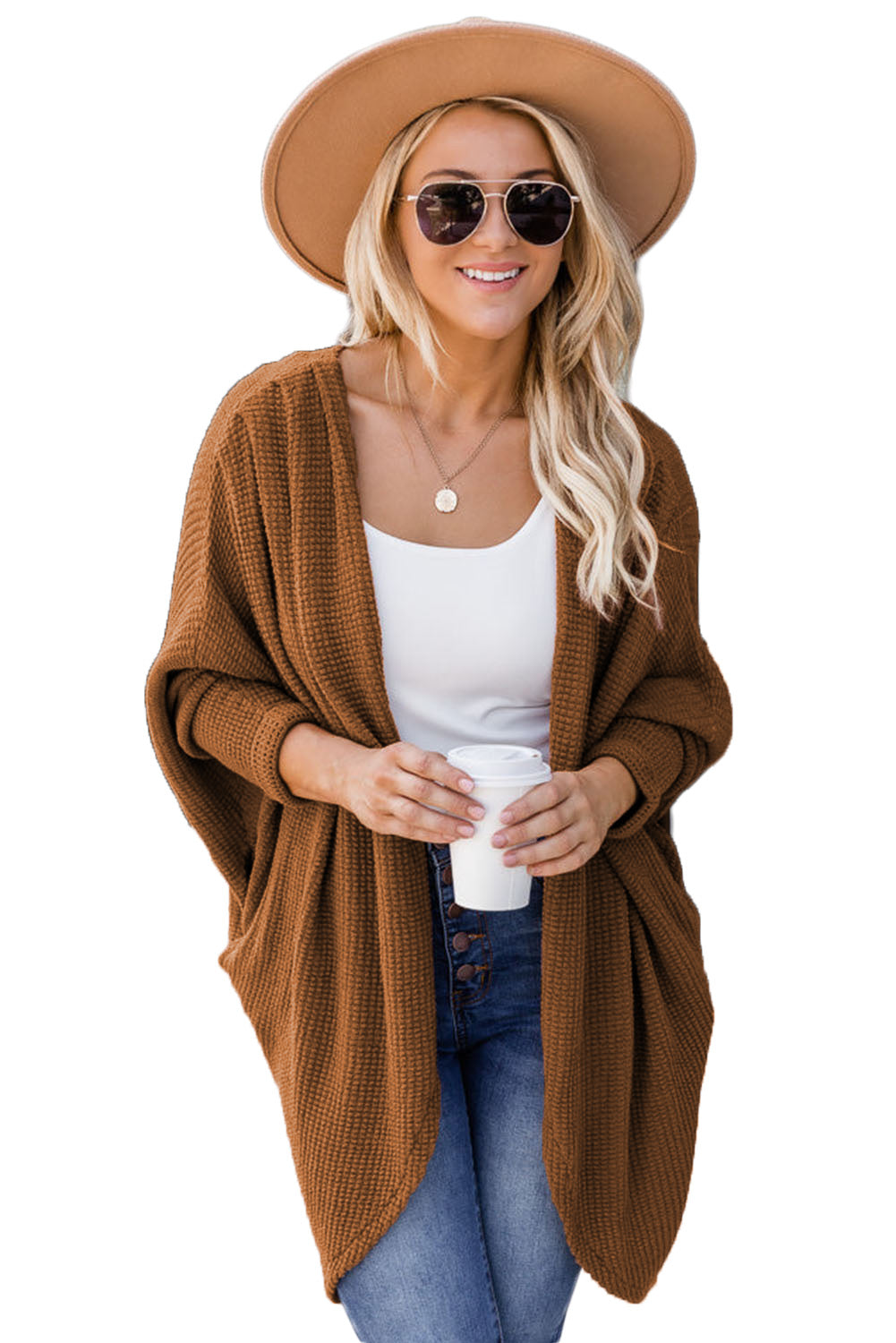 Brown Waffle Knit Open Front Rounded Hem Cardigan-yoyobikini