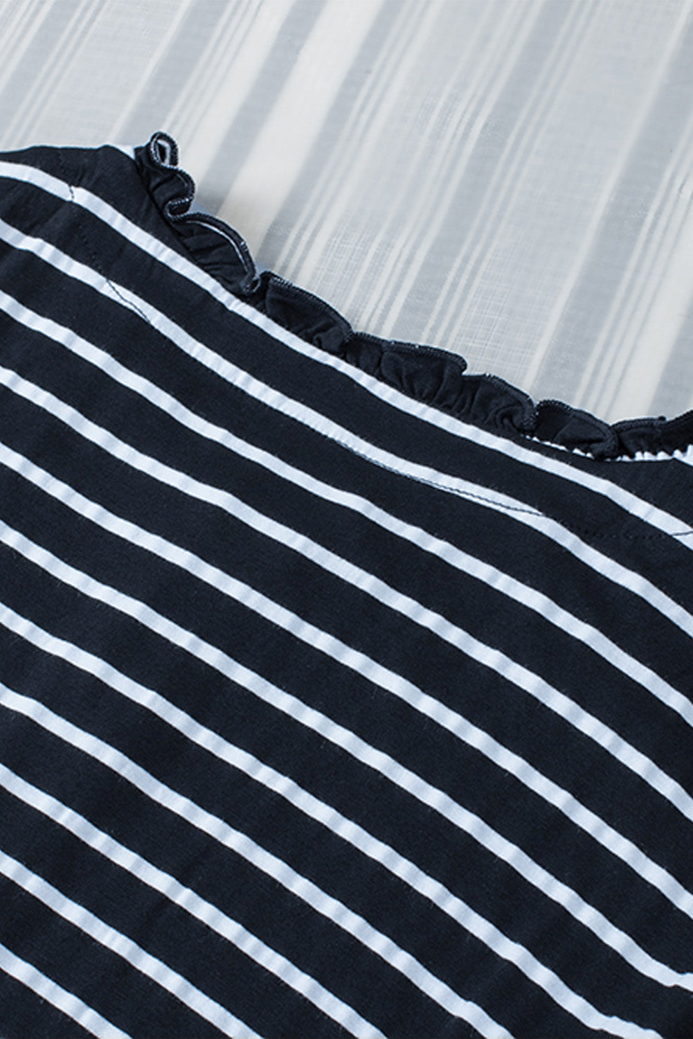 Black Striped Print Ruffled Buttoned Long Sleeve Top-yoyobikini