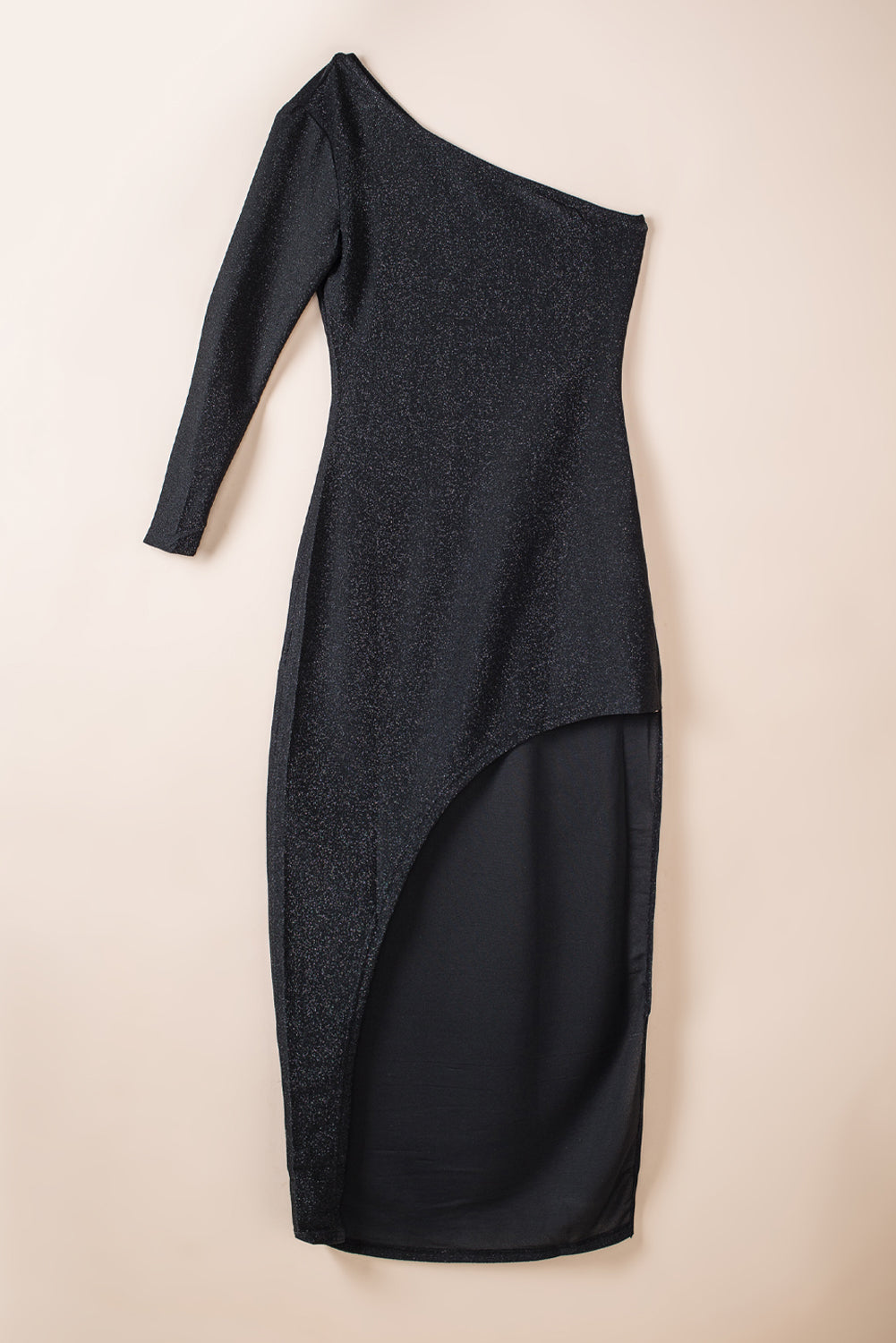 Black One-shoulder Glitter Metallic Asymmetric Long Dress-yoyobikini
