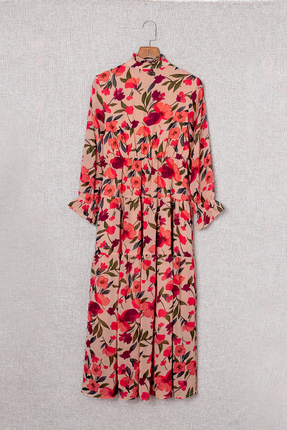 Red Frilled Collar Long Sleeve Tiered Maxi Floral Dress-yoyobikini