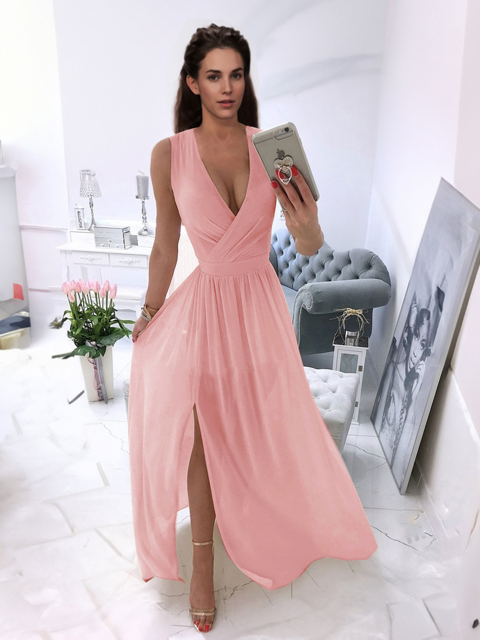 Party Dresses Burgundy V-Neck Sleeveless Long Semi Formal Dress
