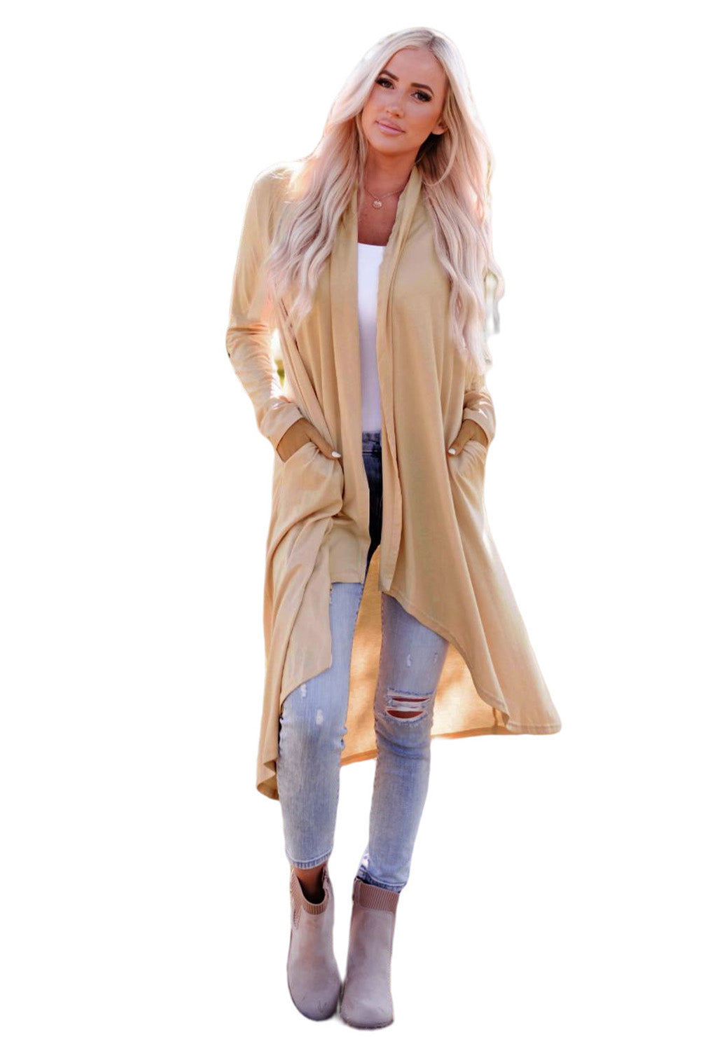 Apricot Long Sleeve Pockets High Low Open Front Cardigan-yoyobikini