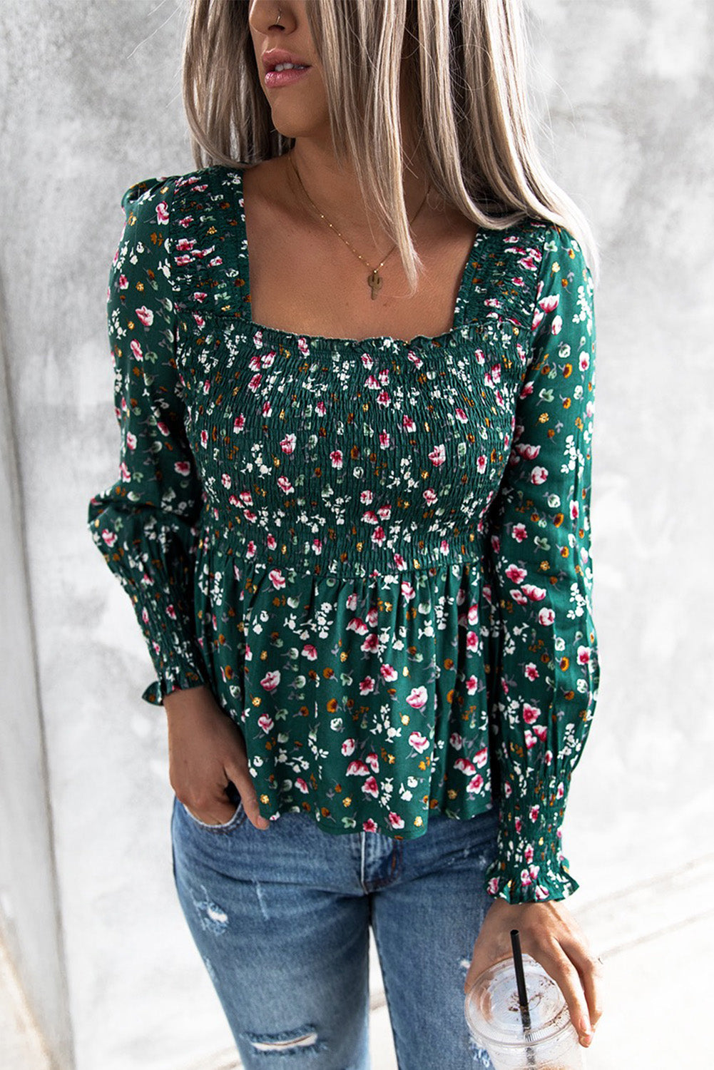Floral Print Smocked Lace-up Square Neck Long Sleeve Top-yoyobikini