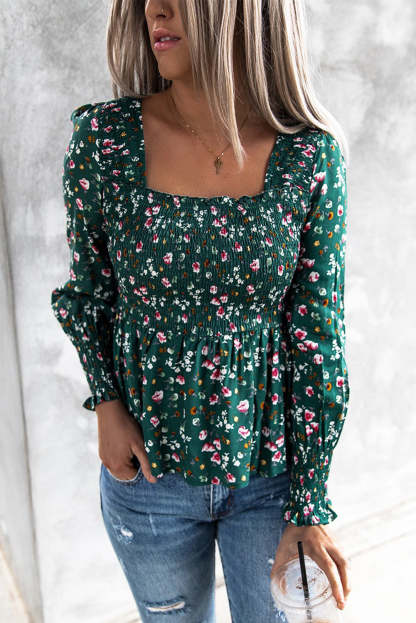 Floral Print Smocked Lace-up Square Neck Long Sleeve Top-yoyobikini