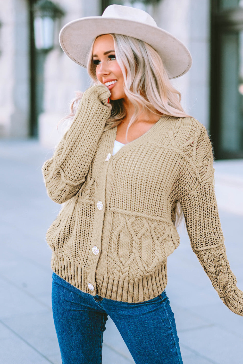 Apricot Buttons Front Patterned Texture Knit Cardigan-yoyobikini