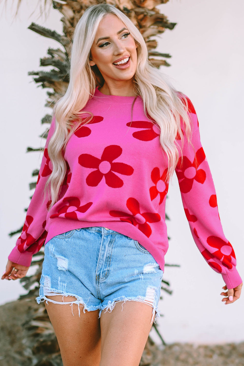 Rose Big Flower Knit Ribbed Trim Sweater-yoyobikini