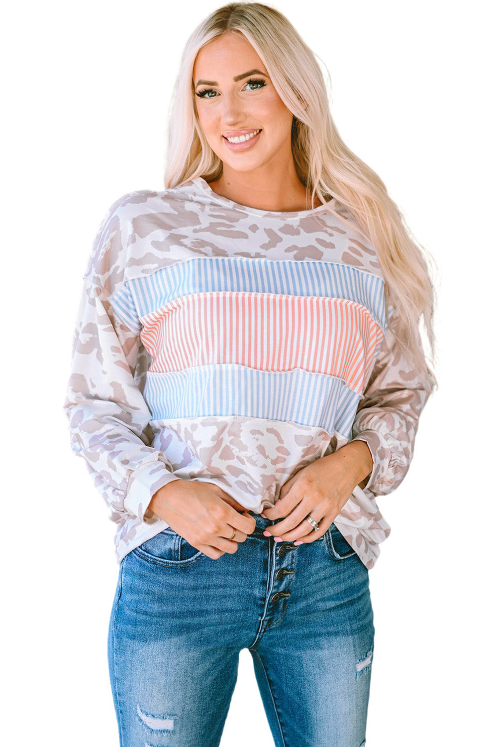 Leopard Animal Print Contrast Stripes Patchwork Puff Sleeve Knit Top-yoyobikini