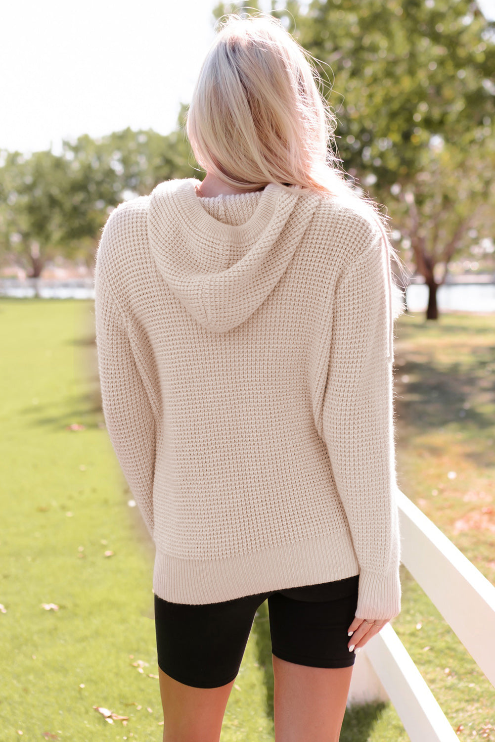 Apricot Waffle Knit Buttons Hooded Sweater with Pocket-yoyobikini