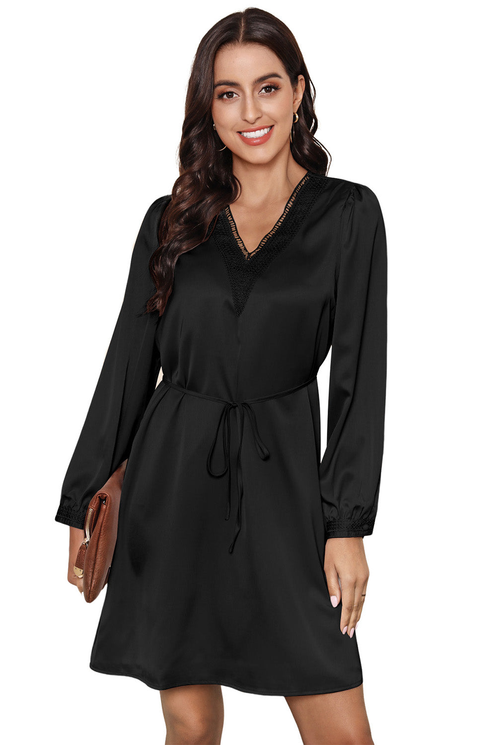Black Lace Trim V Neck Tie Waist Long Sleeve Dress-yoyobikini