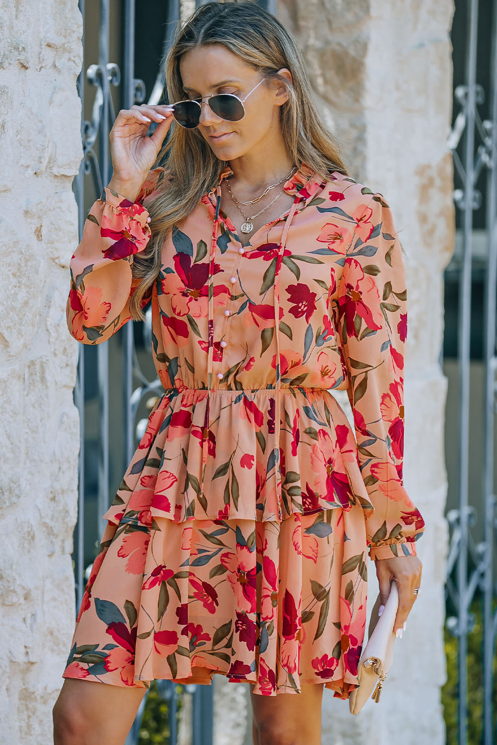 Red Frilled Collar Long Sleeve Floral Dress with Ruffle-yoyobikini