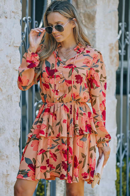 Red Frilled Collar Long Sleeve Floral Dress with Ruffle-yoyobikini