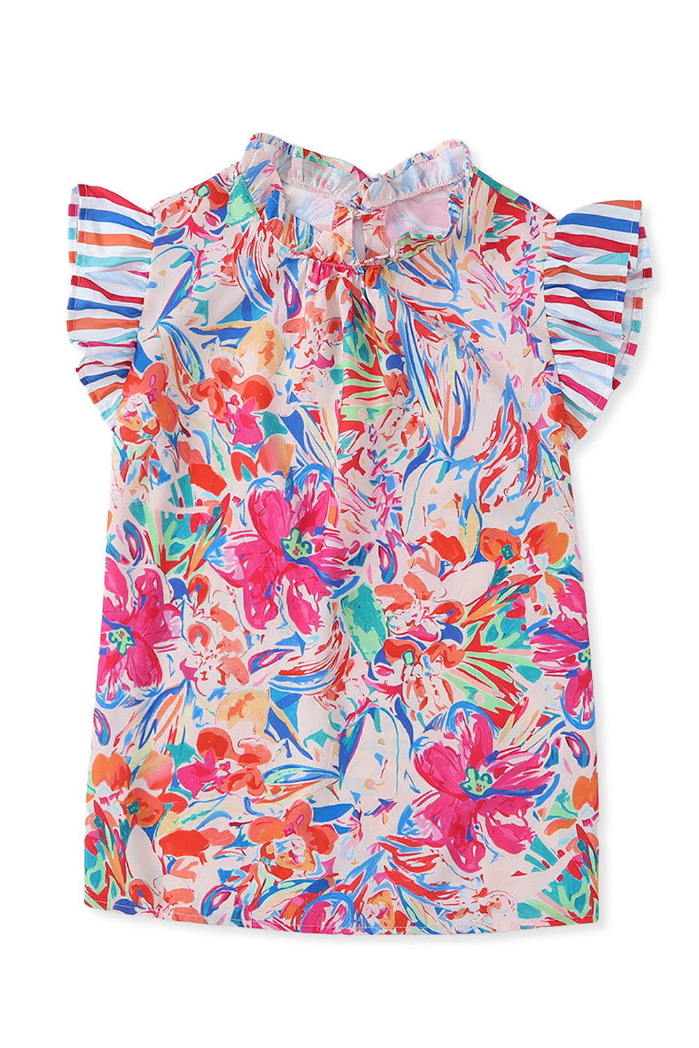 Multicolor Abstract Striped Patchwork Ruffled Short Sleeve Blouse-yoyobikini