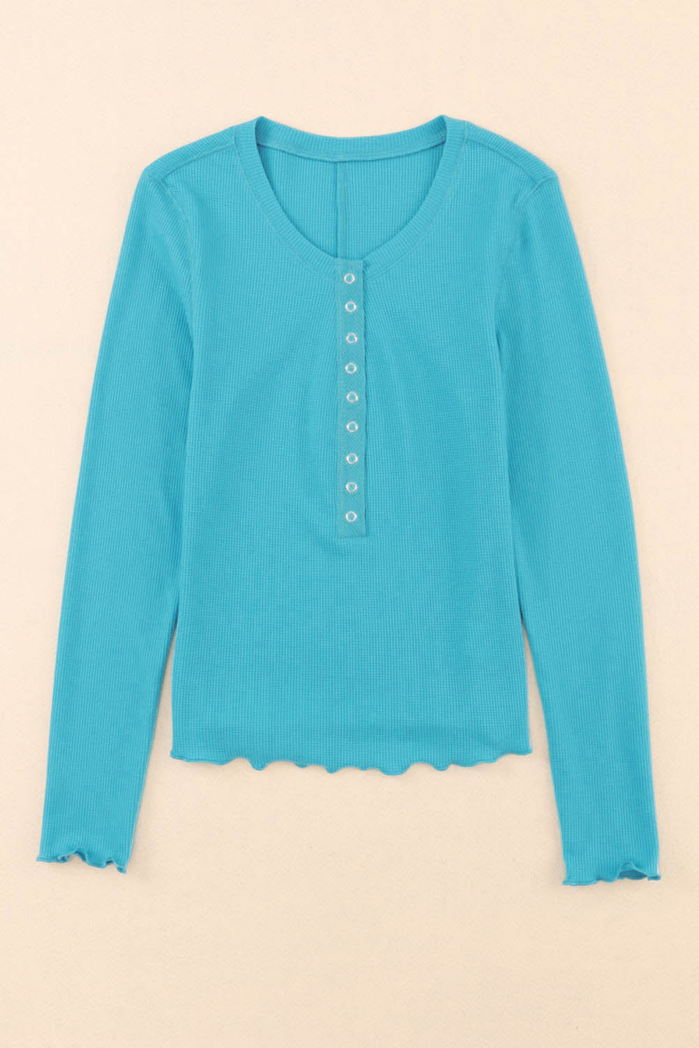 Sky Blue Waffle Knit Long Sleeve Buttoned Henley Top-yoyobikini
