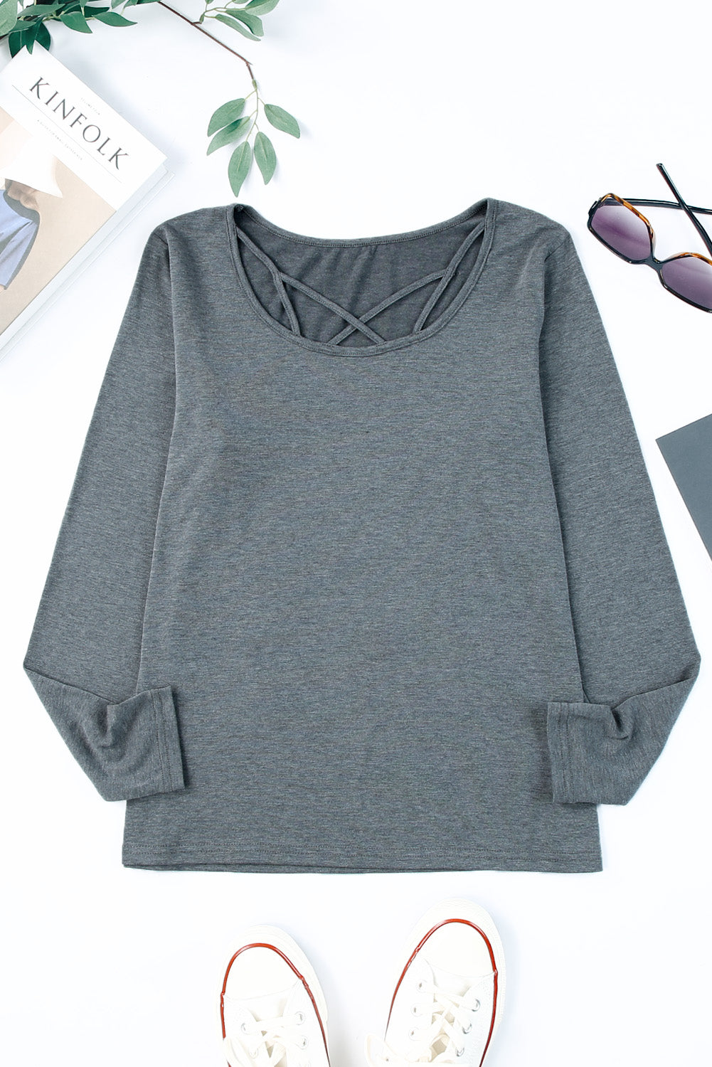 Gray Strappy Neck Detail Long Sleeve Top-yoyobikini