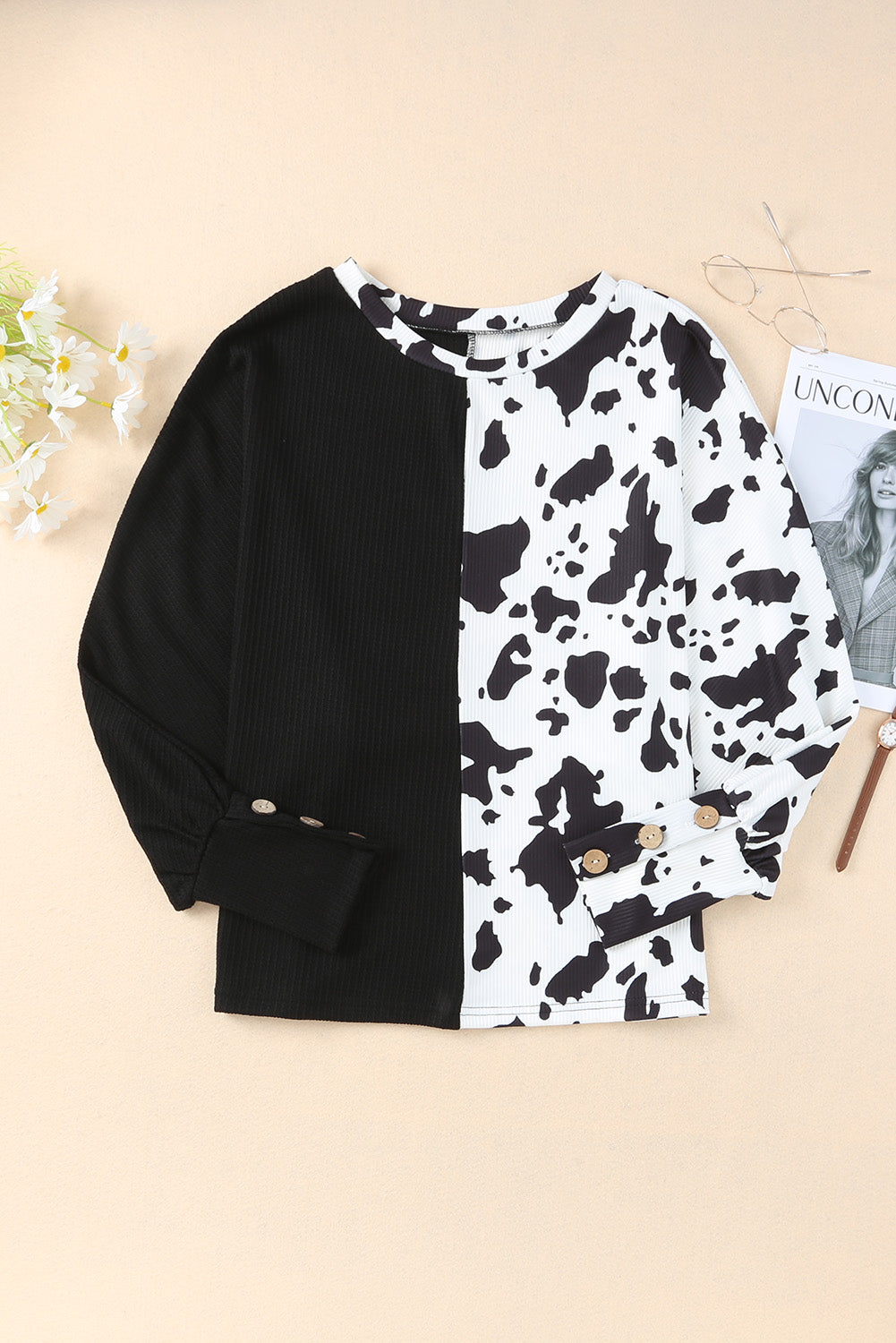 Black Cow Patchwork Waffle Knit Long Sleeve Top-yoyobikini