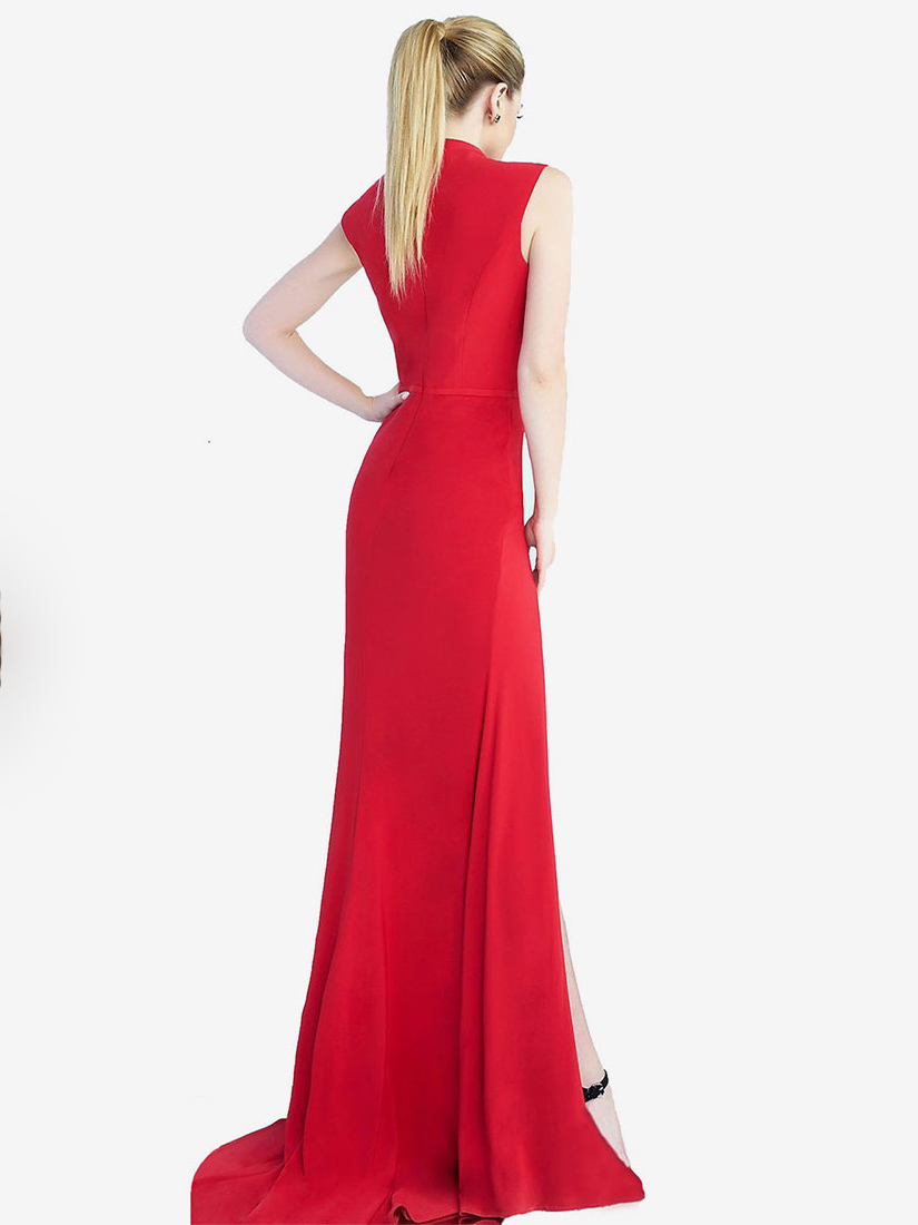 Party Dresses Red Jewel Neck Sleeveless High-slit Semi Formal Dress