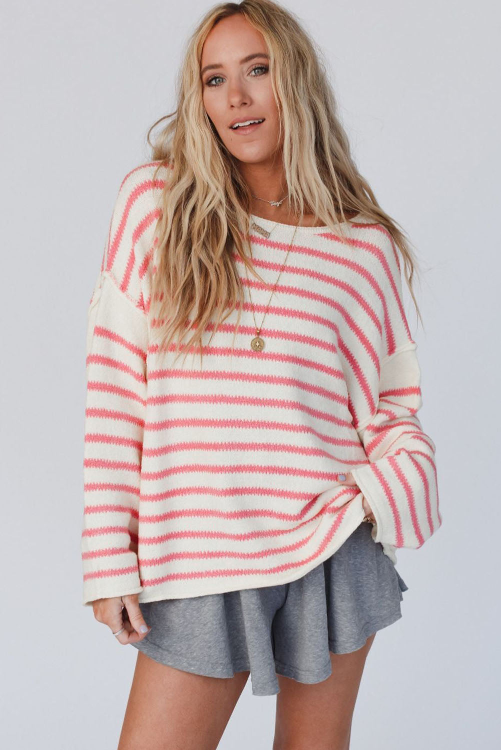 Pink Striped Drop Shoulder Oversized Sweater-yoyobikini