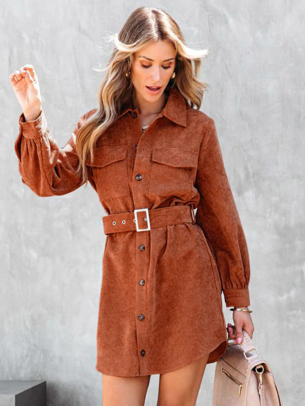 Corduroy Shirt Dresses Solid Color Belted Daily Fall Spring Mini Dress