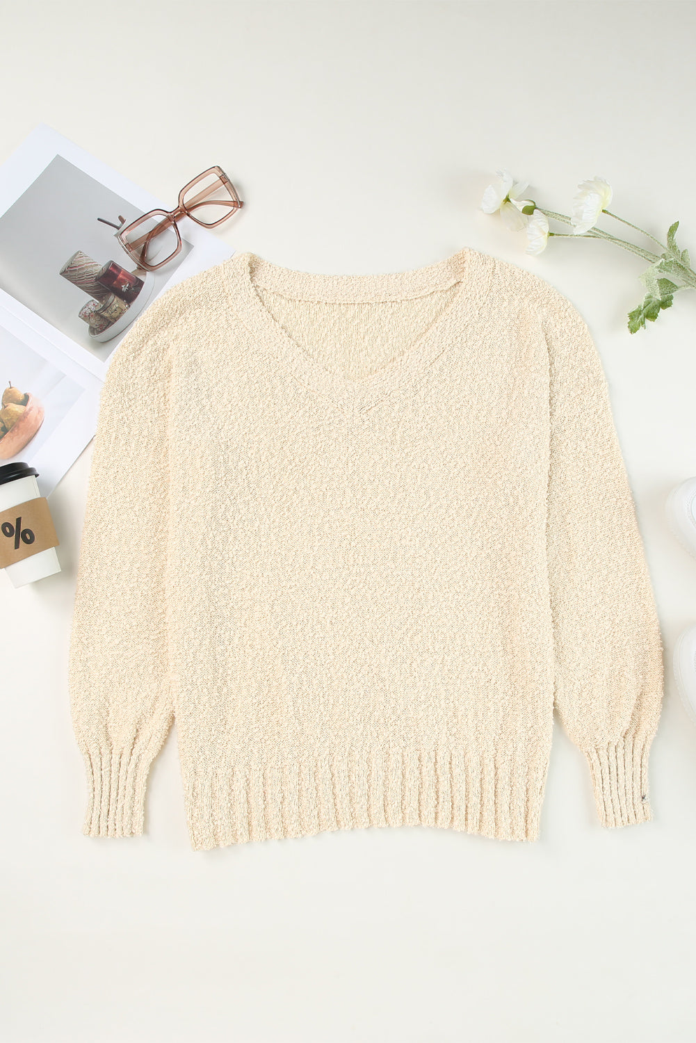 Beige Solid Fuzzy V-Neck Sweater-yoyobikini