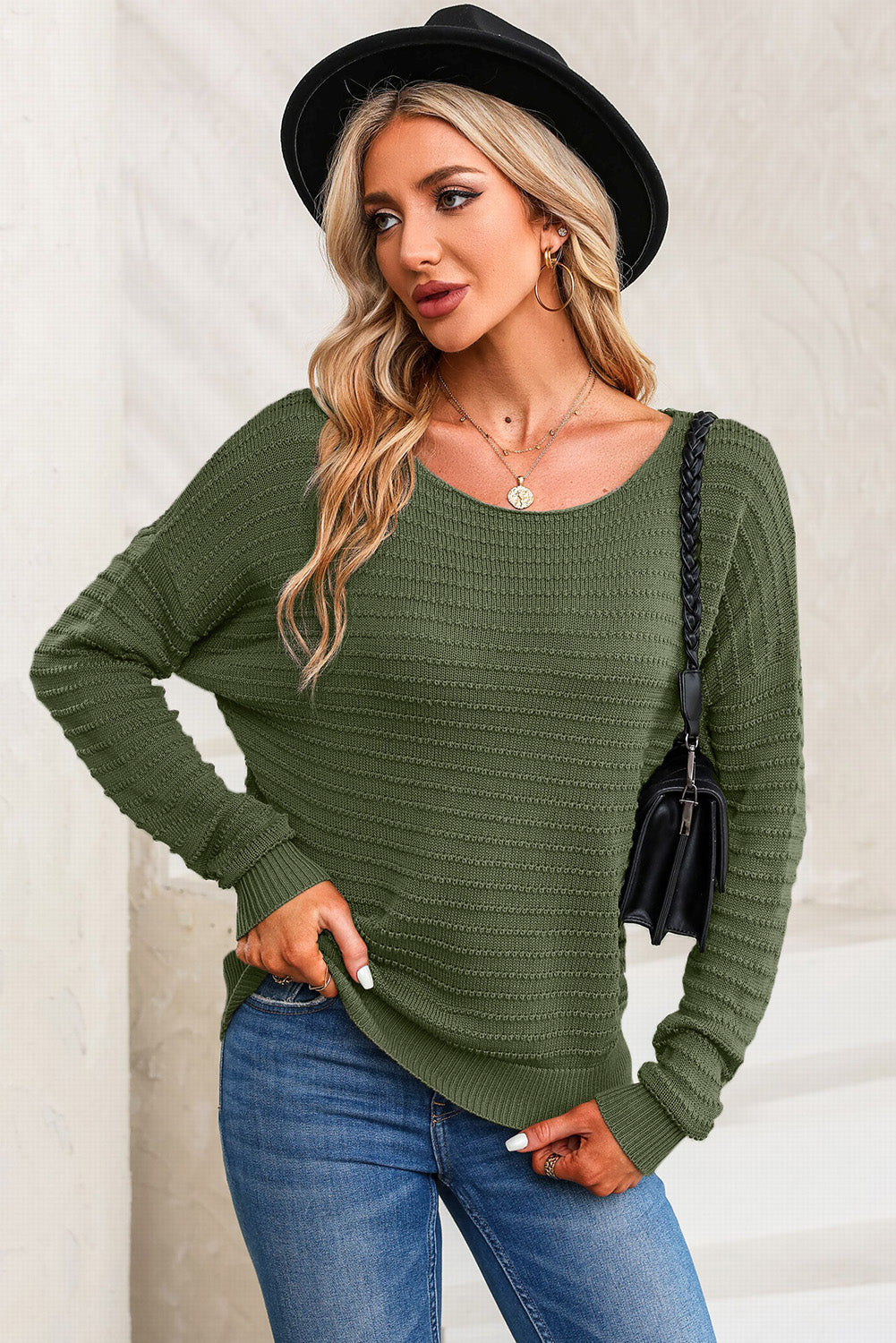 Green Textured Knit Round Neck Dolman Sleeve Sweater-yoyobikini