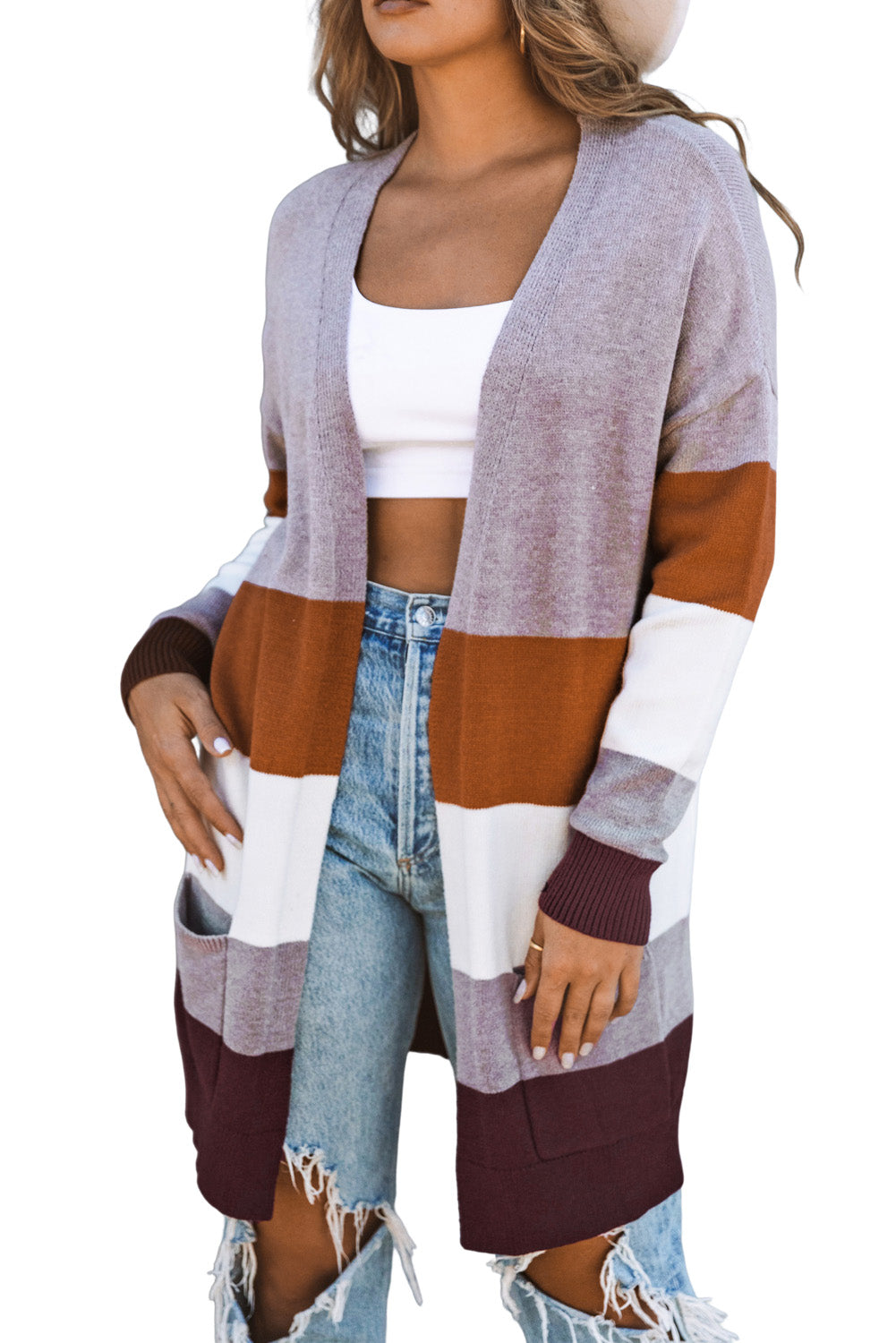Open Front Colorblock Cardigan with Pockets-yoyobikini