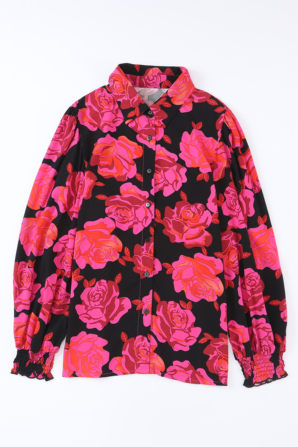 Rose Floral Shirred Cuffs Long Sleeve Shirt-yoyobikini