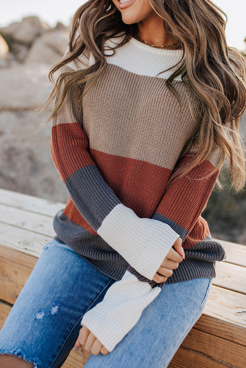 Color Block Knitted O-neck Pullover Sweater-yoyobikini