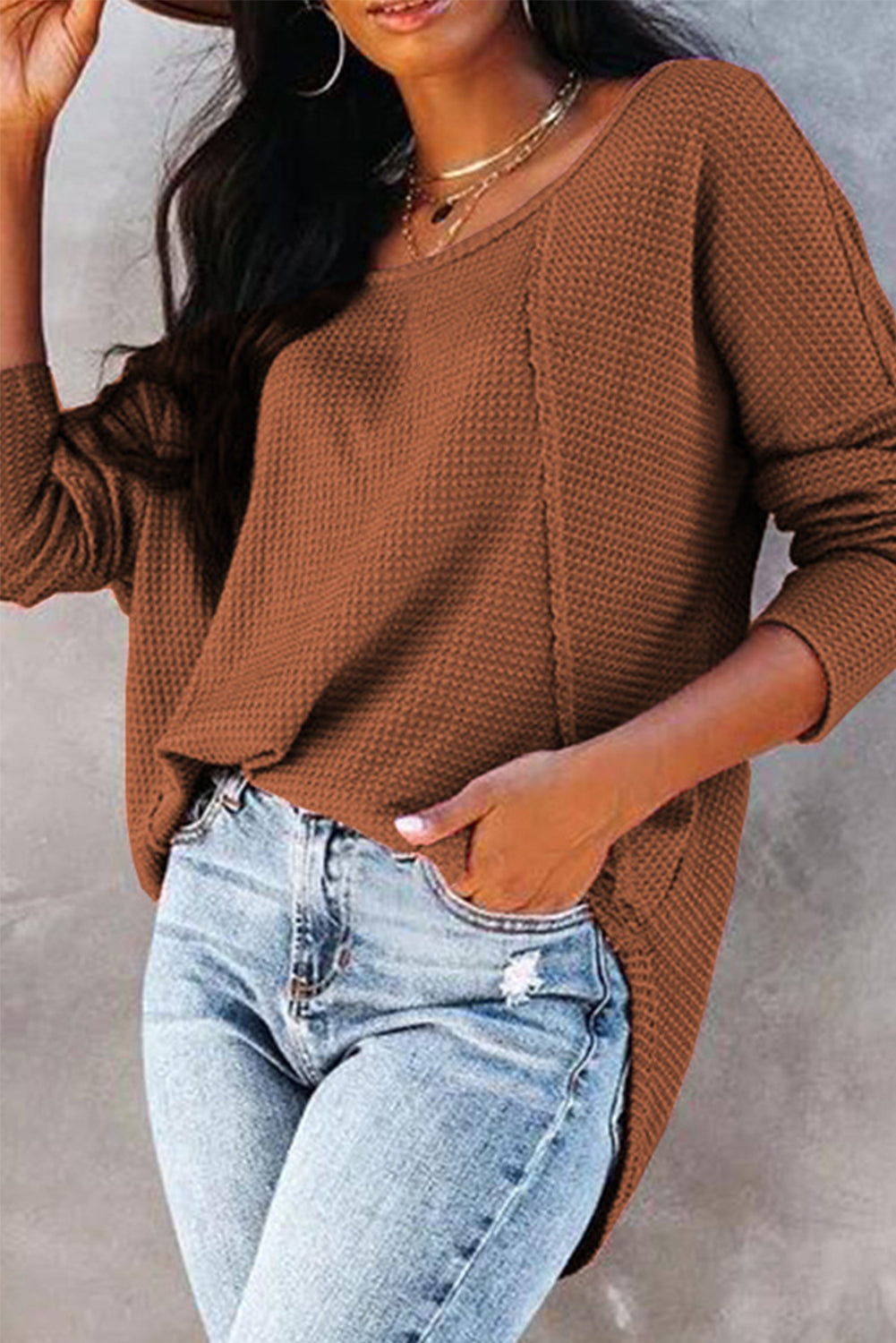 Brown Waffle Knit Splicing Buttons Long Sleeve Top-yoyobikini