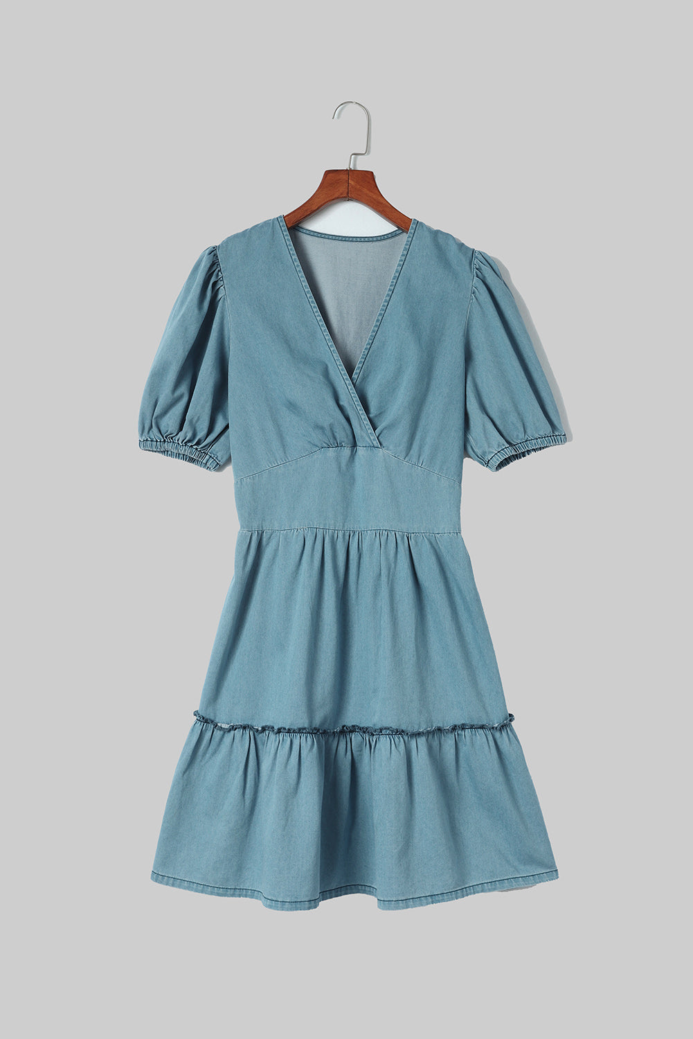 Sky Blue V Neck Bubble Sleeve Ruffle Flared Mini Dress-yoyobikini