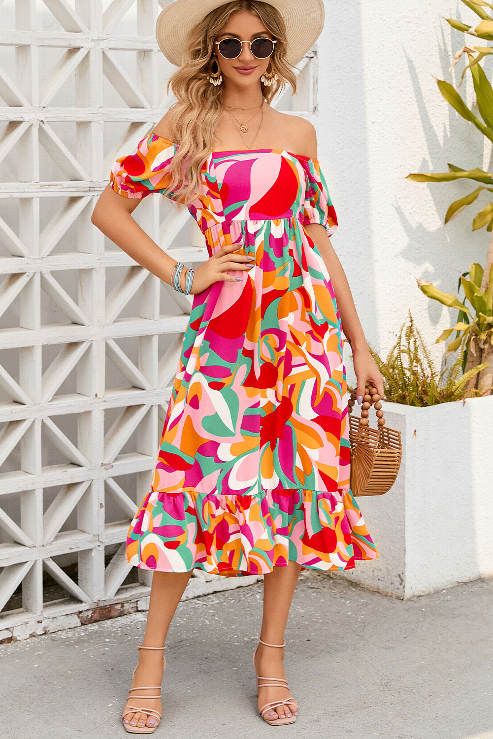 Red Abstract Print Square Neck Flowy Midi Dress-yoyobikini