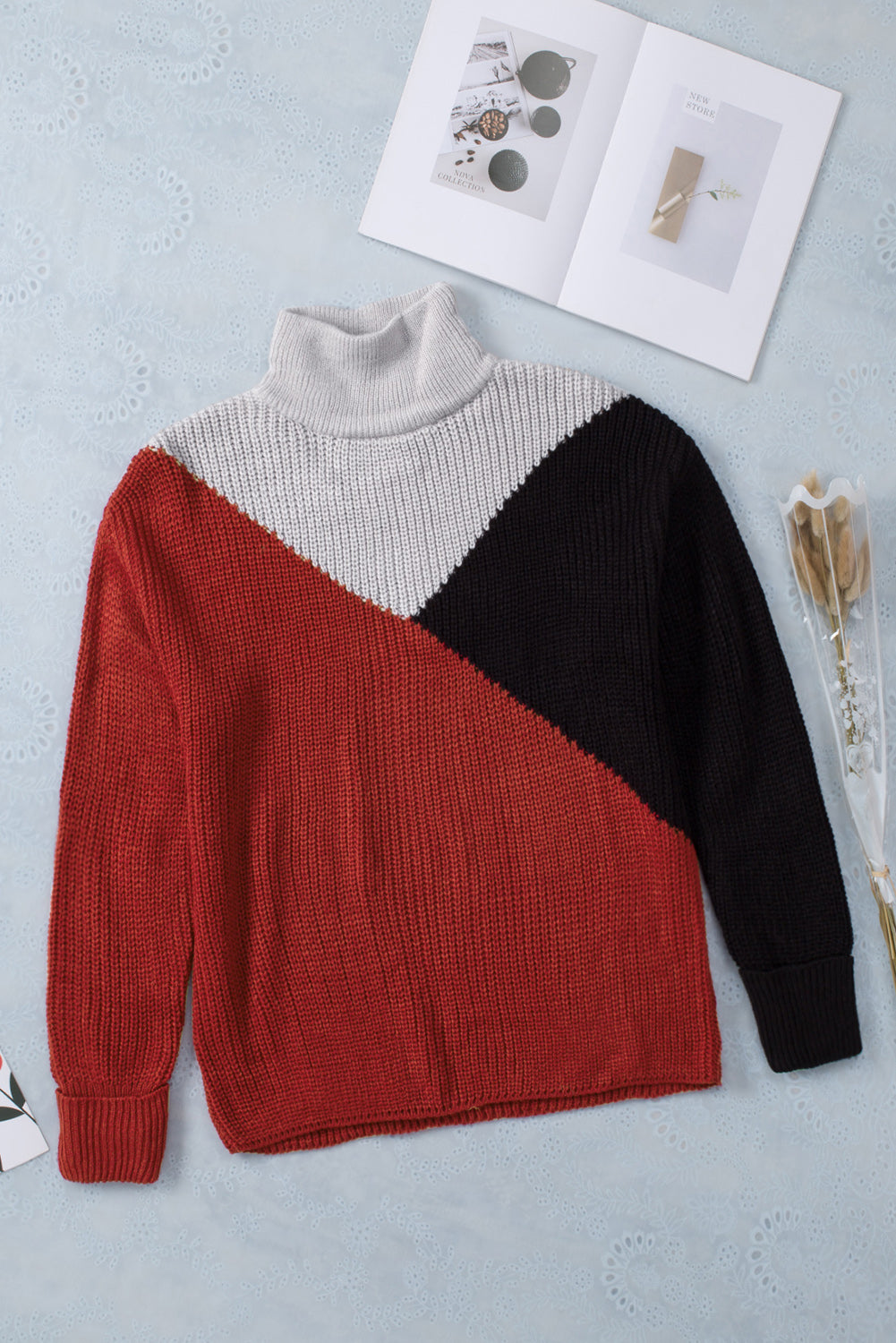Black Color Block Drop Shoulder Turtleneck Sweater-yoyobikini