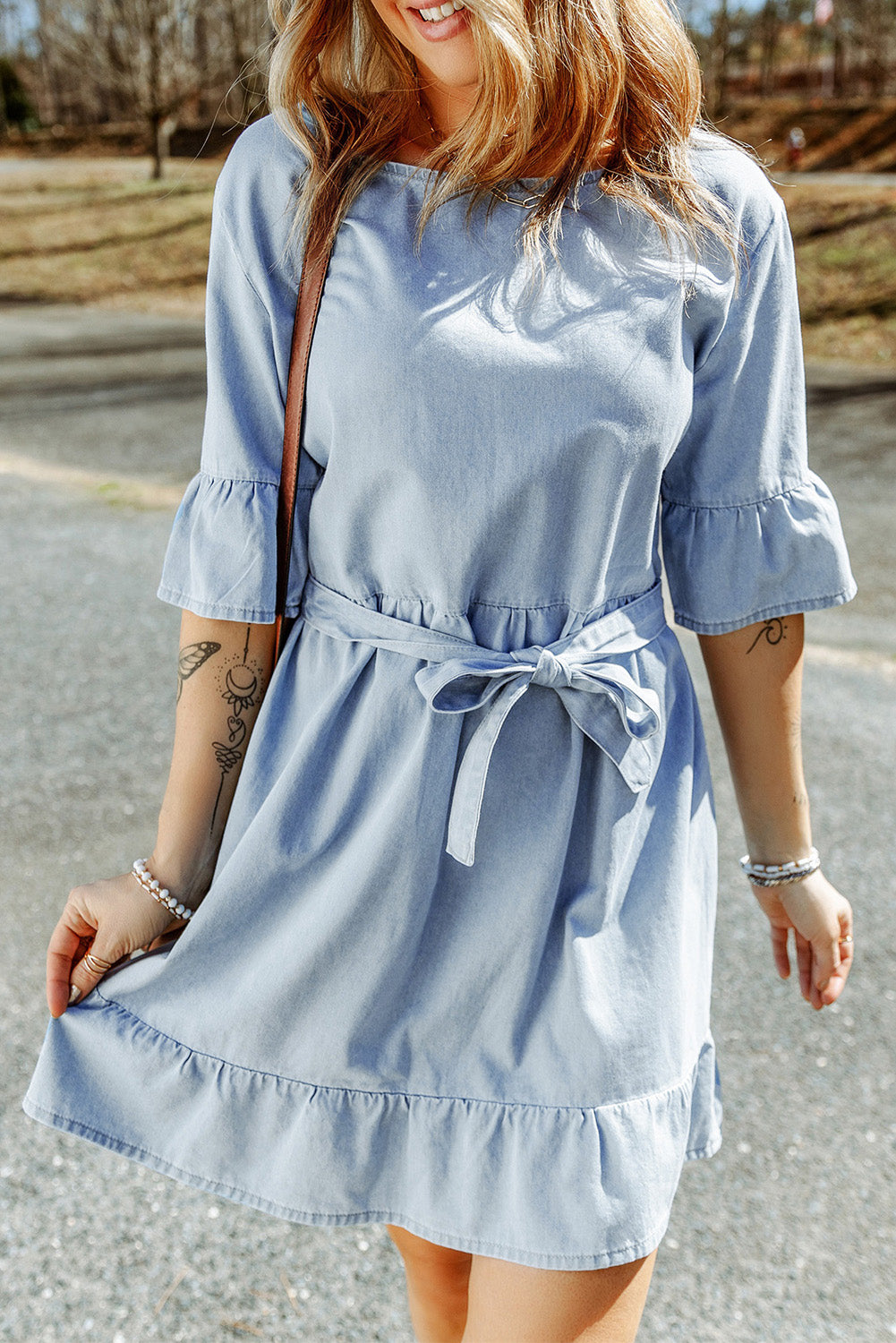 Sky Blue Ruffle Trim Half Sleeve Belted Denim Dress-yoyobikini
