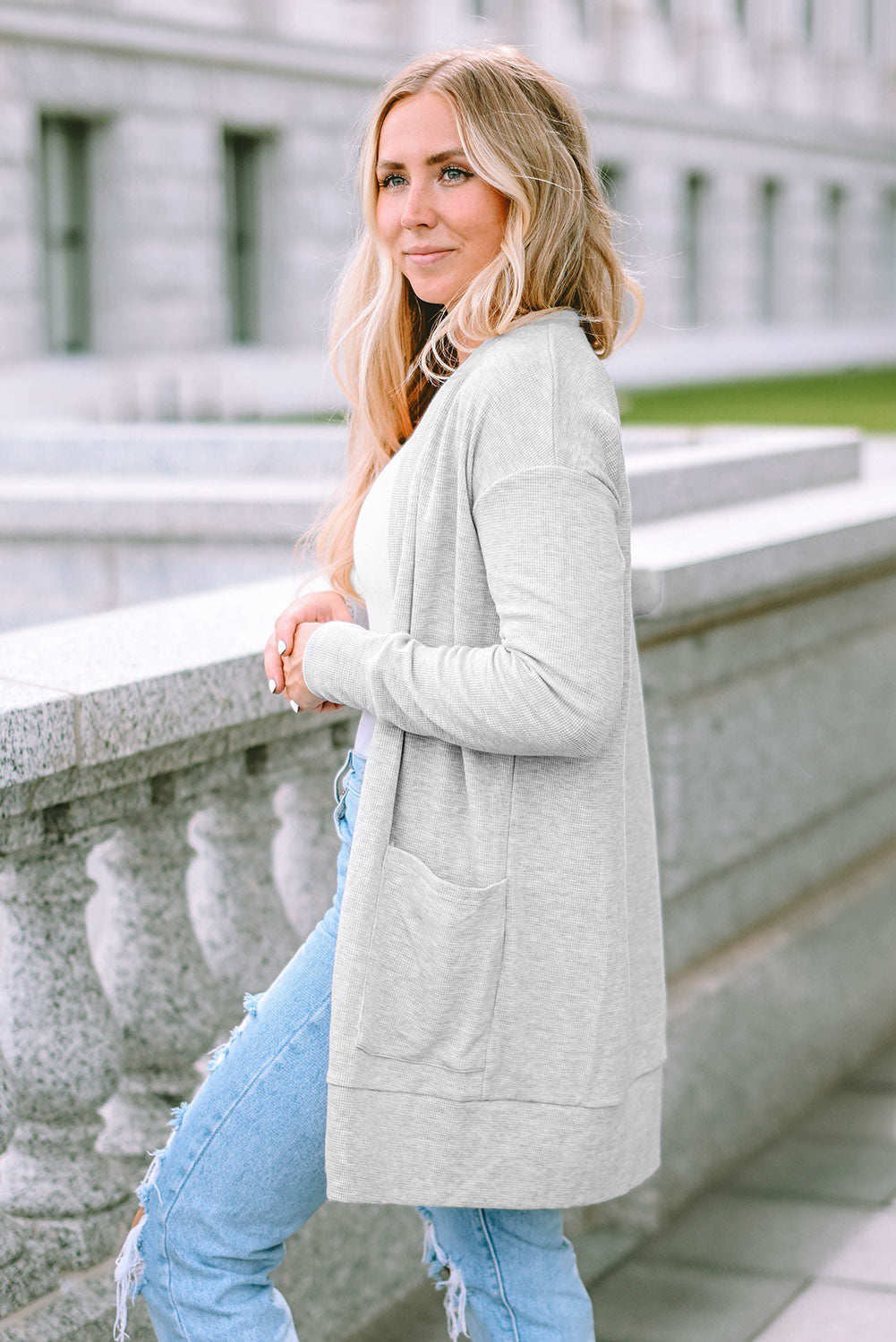 Light Gray Thermal Waffle Knit Pocketed Cardigan-yoyobikini