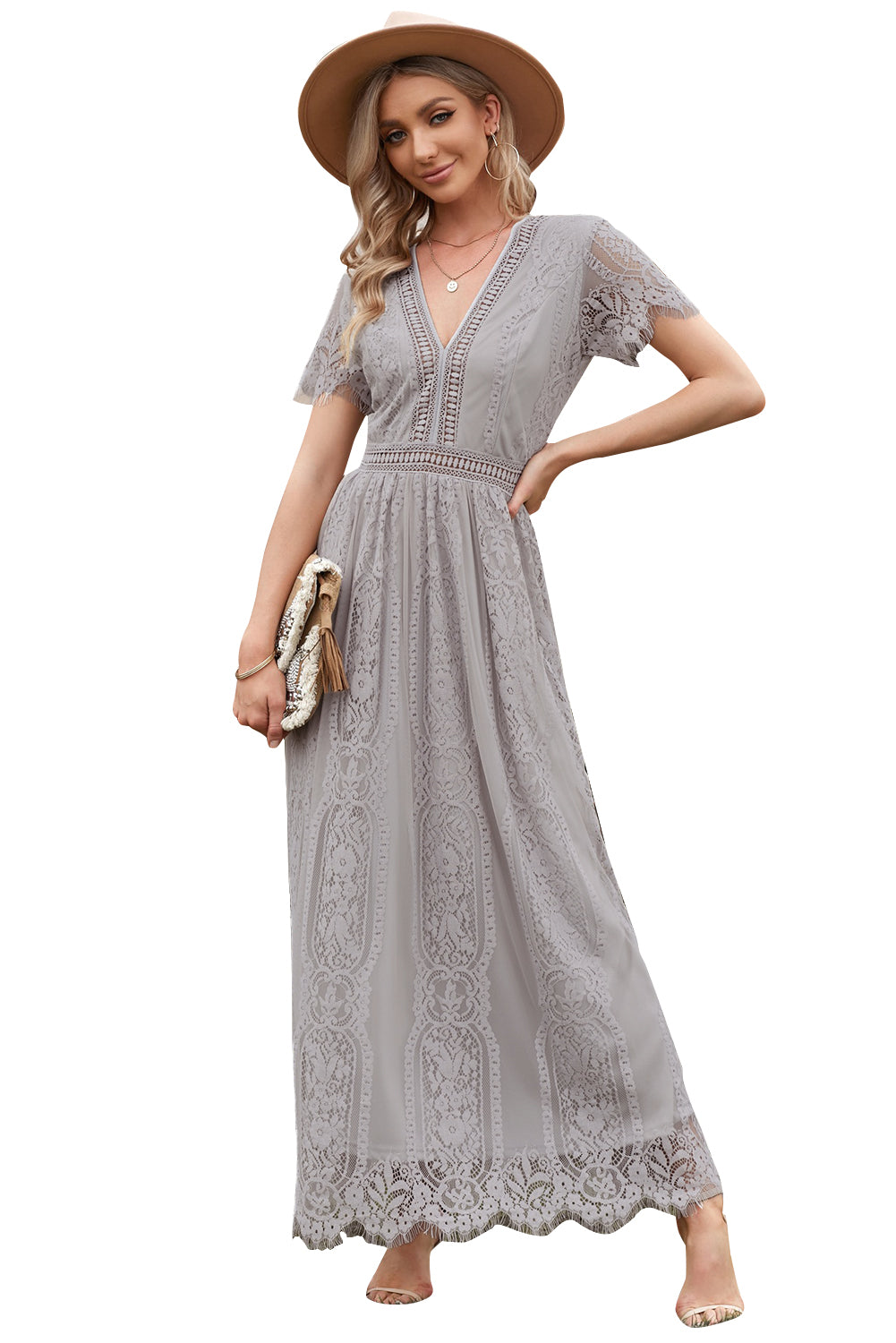 Gray Blue Fill Your Heart Lace Maxi Dress-yoyobikini