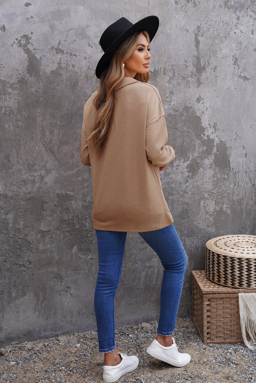 Khaki Button Front Turn-down Neck Knit Top-yoyobikini