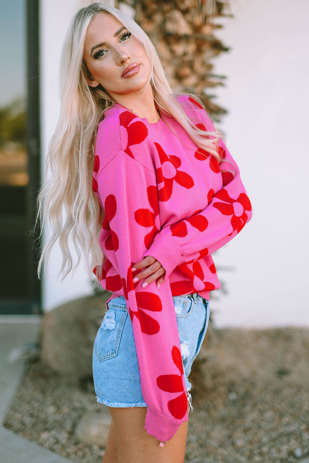 Rose Big Flower Knit Ribbed Trim Sweater-yoyobikini