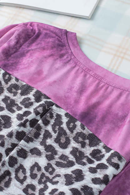 Rose Tie Dye Leopard Patchwork Pocket V Neck Top-yoyobikini