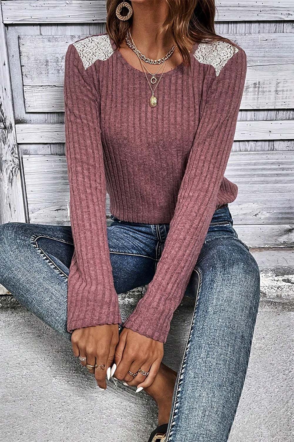 Pink Ribbed Knit Lace Patch Shoulder Casual Sweater-yoyobikini