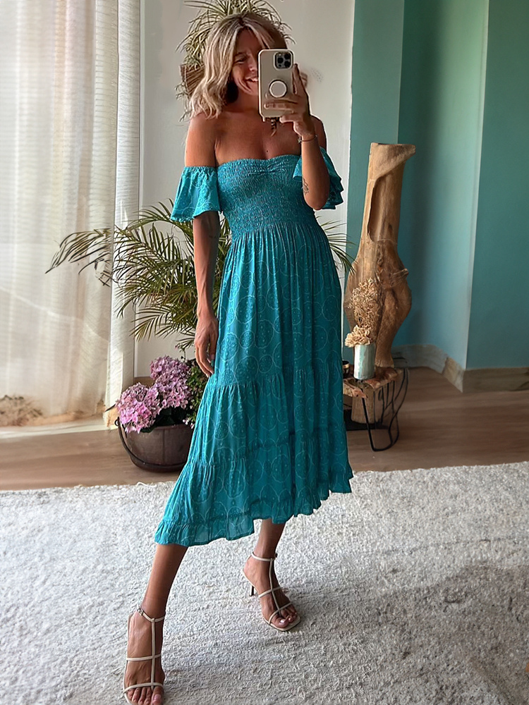 Summer Dress Bateau Neck Pleated Layered Blue Medium Beach Dress
