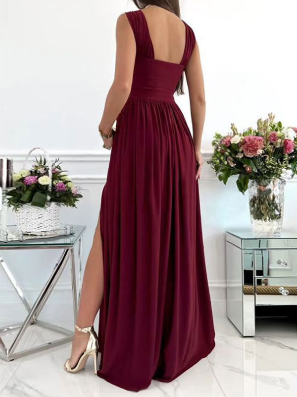 Long Party Dress Cross Neck Split Solid Color Maxi Prom Dress For Women
