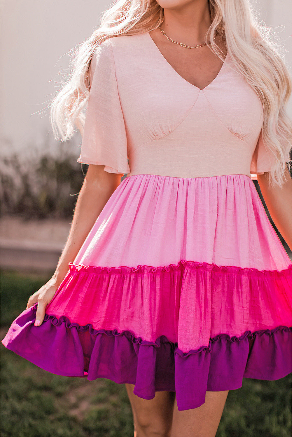 Pink Ombre Colorblock Tiered Dress-yoyobikini
