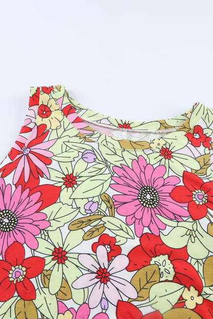 Red Round Neck Sleeveless Floral Mini Dress-yoyobikini