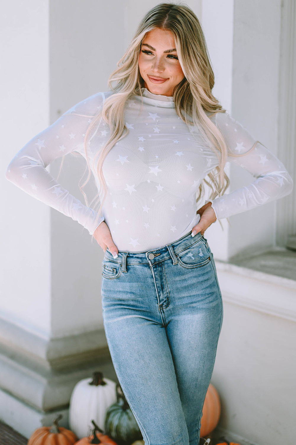 White Star Embellished Sheer Mesh Long Sleeve Top-yoyobikini