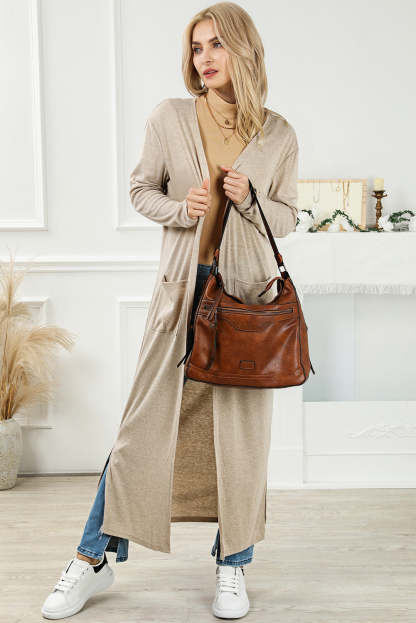 Apricot Open Front Pocketed Duster Cardigan with Slits-yoyobikini