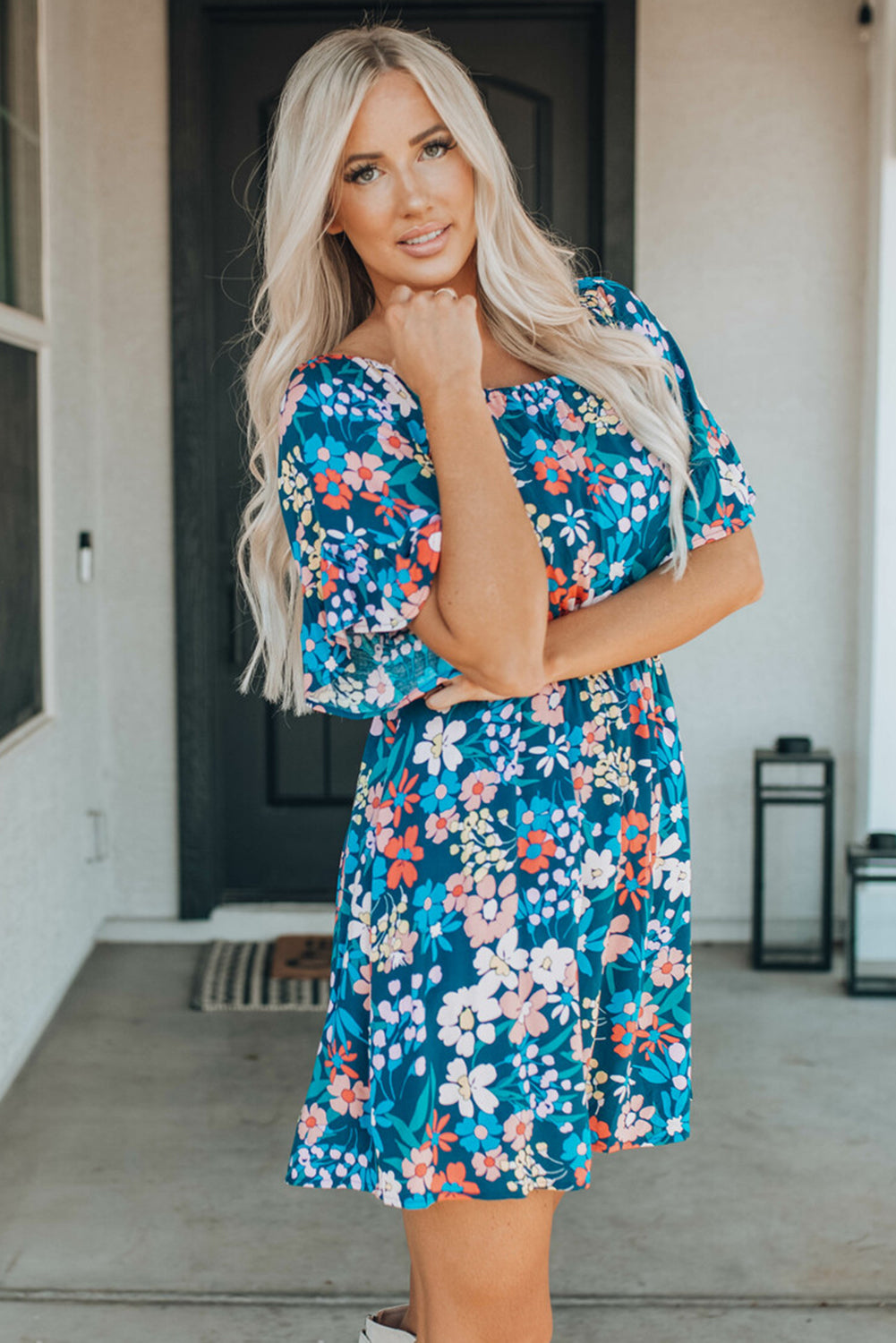 Blue Square Neck Ruffle Floral Dress-yoyobikini