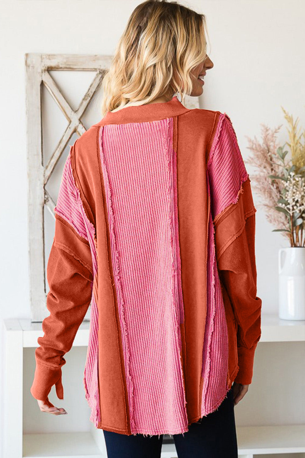 Red Waffle Knit Ripped Exposed Seam	Patchwork Top with Thumbhole-yoyobikini